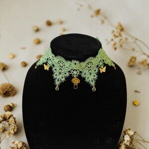 Green Lace Mushroom Choker Necklace Cottagecore Fairycore Butterfly Charm Adjust